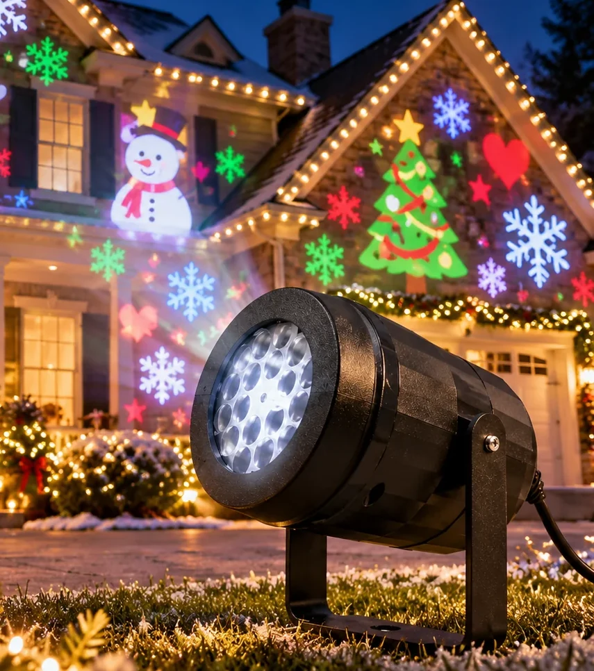 Projetor LED natalino em frente a casa iluminada com projeções de Natal